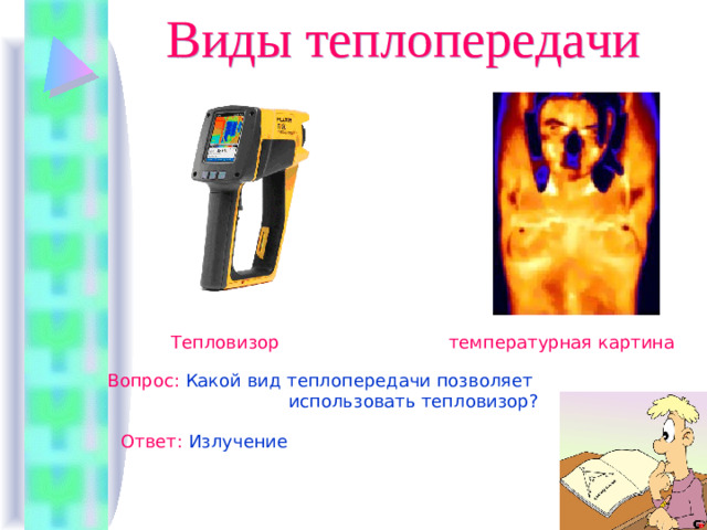 Виды теплопередачи Тепловизор температурная картина  Вопрос :  Какой вид теплопередачи позволяет  использовать тепловизор? Ответ : Излучение