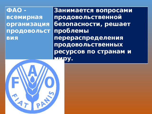 ФАО - всемир­ная организация продовольствия Занимается вопросами продовольственной безопас­ности, решает проблемы перераспределения продовольственных ресурсов по странам и миру.