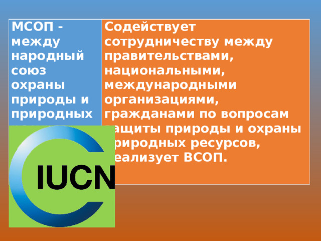 МСОП - между­народный союз охраны природы и природных ресурсов (1984) Содействует сотрудничеству между правительства­ми, национальными, международными организаци­ями, гражданами по вопросам защиты природы и охраны природных ресурсов, реализует ВСОП.  