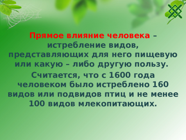 Прямое влияние человека – истребление видов, представляющих для него пищевую или какую – либо другую пользу. Считается, что с 1600 года человеком было истреблено 160 видов или подвидов птиц и не менее 100 видов млекопитающих.