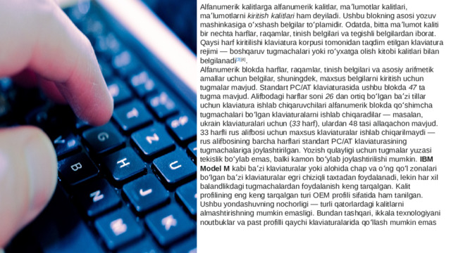Alfanumerik kalitlarga alfanumerik kalitlar, maʼlumotlar kalitlari, maʼlumotlarni  kiritish kalitlari  ham deyiladi. Ushbu blokning asosi yozuv mashinkasiga oʻxshash belgilar toʻplamidir. Odatda, bitta maʼlumot kaliti bir nechta harflar, raqamlar, tinish belgilari va tegishli belgilardan iborat. Qaysi harf kiritilishi klaviatura korpusi tomonidan taqdim etilgan klaviatura rejimi — boshqaruv tugmachalari yoki roʻyxatga olish kitobi kalitlari bilan belgilanadi [3] [4] . Alfanumerik blokda harflar, raqamlar, tinish belgilari va asosiy arifmetik amallar uchun belgilar, shuningdek, maxsus belgilarni kiritish uchun tugmalar mavjud. Standart PC/AT klaviaturasida ushbu blokda  47  ta tugma mavjud. Alifbodagi harflar soni  26  dan ortiq boʻlgan baʼzi tillar uchun klaviatura ishlab chiqaruvchilari alfanumerik blokda qoʻshimcha tugmachalari boʻlgan klaviaturalarni ishlab chiqaradilar — masalan, ukrain klaviaturalari uchun ( 33  harf), ulardan 48 tasi allaqachon mavjud. 33 harfli rus alifbosi uchun maxsus klaviaturalar ishlab chiqarilmaydi — rus alifbosining barcha harflari standart PC/AT klaviaturasining tugmachalariga joylashtirilgan. Yozish qulayligi uchun tugmalar yuzasi tekislik boʻylab emas, balki kamon boʻylab joylashtirilishi mumkin.  IBM Model M  kabi baʼzi klaviaturalar yoki alohida chap va oʻng qoʻl zonalari boʻlgan baʼzi klaviaturalar egri chiziqli taxtadan foydalanadi, lekin har xil balandlikdagi tugmachalardan foydalanish keng tarqalgan. Kalit profilining eng keng tarqalgan turi OEM profili sifatida ham tanilgan. Ushbu yondashuvning nochorligi — turli qatorlardagi kalitlarni almashtirishning mumkin emasligi. Bundan tashqari, ikkala texnologiyani noutbuklar va past profilli qaychi klaviaturalarida qoʻllash mumkin emas