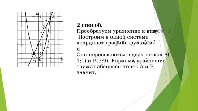 2 способ. Преобразуем уравнение к виду  Построим в одной системе координат графики функций и Они пересекаются в двух точках A(-1;1) и B(3;9). Корнями уравнения служат абсциссы точек A и B, значит,