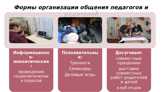 Информационно-аналитические: проведение социологических опросов Познавательные: Тренинги Семинары Досуговые: совместные праздники Деловые игры выставки совместных работ родителей и детей клуб отцов Формы организации общения педагогов и родителей   Для организации общения педагогов и родителей используем различные формы: Информационно-аналитические Познавательные Досуговые. Как здорово, что с каждым годом становится все больше неравнодушных родителей!   Совместные встречи, консультации психолога, обмен опытом, поиск ответов на сложные вопросы воспитания – вот что интересует наших продвинутых родителей. И хочется, чтобы таких родителей было ещё больше. Ведь школа жизненно нуждается в их поддержке, как и они в помощи школы. 18