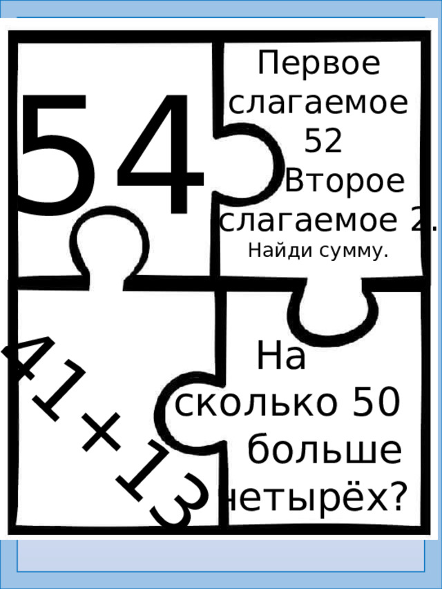 41+13 Первое  слагаемое  52  Второе  слагаемое 2. Найди сумму. 54 На сколько 50  больше  четырёх?