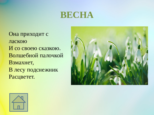 ВЕСНА Она приходит с ласкою И со своею сказкою. Волшебной палочкой Взмахнет, В лесу подснежник Расцветет.