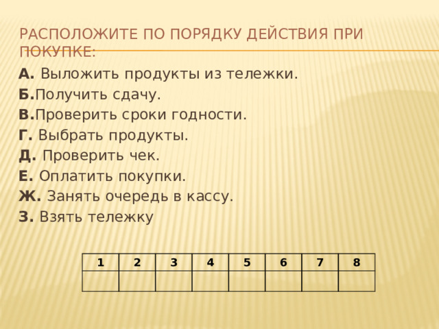 Расположите по порядку действия при покупке: А. Выложить продукты из тележки. Б. Получить сдачу. В. Проверить сроки годности. Г. Выбрать продукты. Д. Проверить чек. Е. Оплатить покупки. Ж. Занять очередь в кассу. З. Взять тележку 1 2 3 4 5 6 7 8