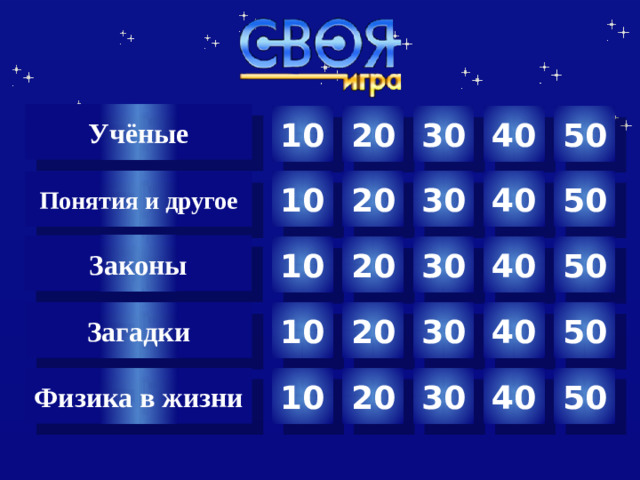 Учёные 10 30 40 50 20 50 Понятия и другое 40 30 20 10 Законы 20 30 40 50 10 Загадки 20 40 50 30 10 20 30 40 50 10 Физика в жизни