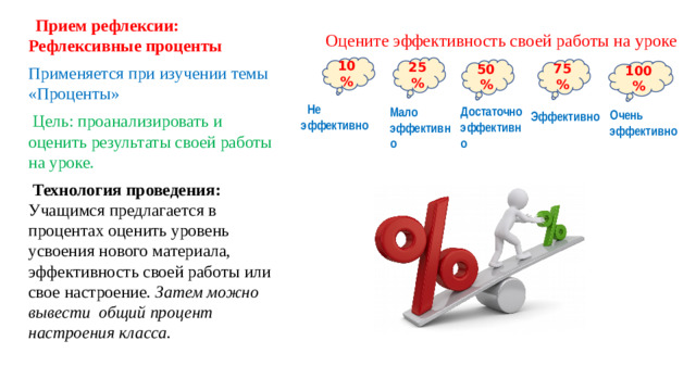 Прием рефлексии: Рефлексивные проценты Применяется при изучении темы «Проценты»  Цель: проанализировать и оценить результаты своей работы на уроке.  Технология проведения: Учащимся предлагается в процентах оценить уровень усвоения нового материала, эффективность своей работы или свое настроение. Затем можно вывести общий процент настроения класса.  Оцените эффективность своей работы на уроке 10% 25% 75% 50% 100%  Не  эффективно Достаточно эффективно Мало эффективно Очень эффективно Эффективно