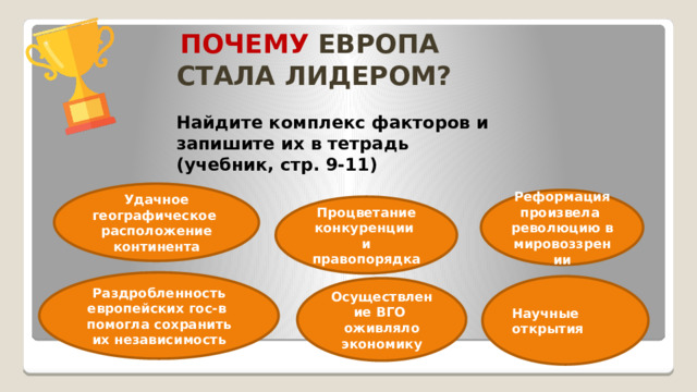 ПОЧЕМУ ЕВРОПА  СТАЛА ЛИДЕРОМ? Найдите комплекс факторов и запишите их в тетрадь  (учебник, стр. 9-11) Удачное географическое  расположение континента Реформация произвела  революцию в мировоззрении Процветание конкуренции  и правопорядка Раздробленность европейских гос-в  помогла сохранить их независимость Научные  открытия Осуществление ВГО  оживляло экономику