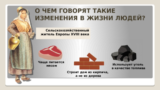 О ЧЕМ ГОВОРЯТ ТАКИЕ ИЗМЕНЕНИЯ В ЖИЗНИ ЛЮДЕЙ? Сельскохозяйственный житель Европы XVIII века Чаще питается  мясом Использует уголь  в качестве топлива Строит дом из кирпича,  а не из дерева