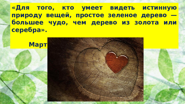«Для того, кто умеет видеть истинную природу вещей, простое зеленое дерево — большее чудо, чем дерево из золота или серебра».  Мартин Лютер