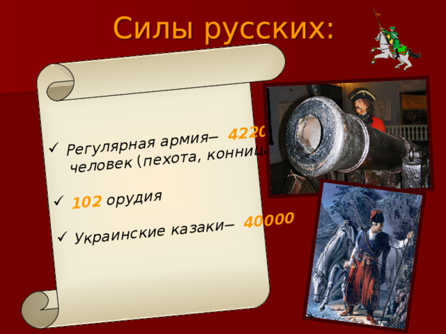 Регулярная армия ̶ 42208  человек ( пехота, конница )  102 орудия   Украинские казаки ̶ 40000
