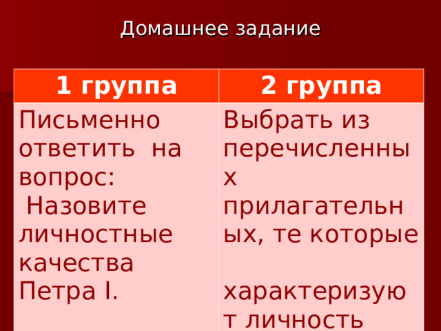 Домашнее задание 1 группа 2 группа Письменно ответить на вопрос:  Назовите личностные качества Петра I . Выбрать из перечисленных прилагательных, те которые характеризуют личность Петра I .