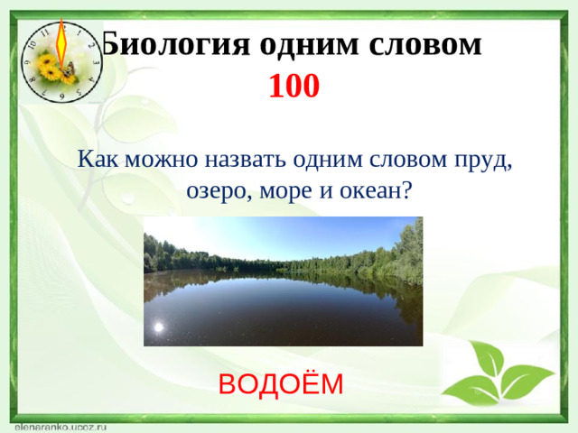 Биология одним словом  100    Как можно назвать одним словом пруд, озеро, море и океан? ВОДОЁМ