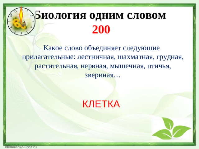 Биология одним словом  200   Какое слово объединяет следующие прилагательные: лестничная, шахматная, грудная, растительная, нервная, мышечная, птичья, звериная… КЛЕТКА