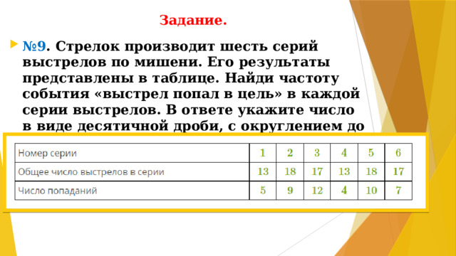 Задание. № 9 . Стрелок производит шесть серий выстрелов по мишени. Его результаты представлены в таблице. Найди частоту события «выстрел попал в цель» в каждой серии выстрелов. В ответе укажите число в виде десятичной дроби, c округлением до сотых.