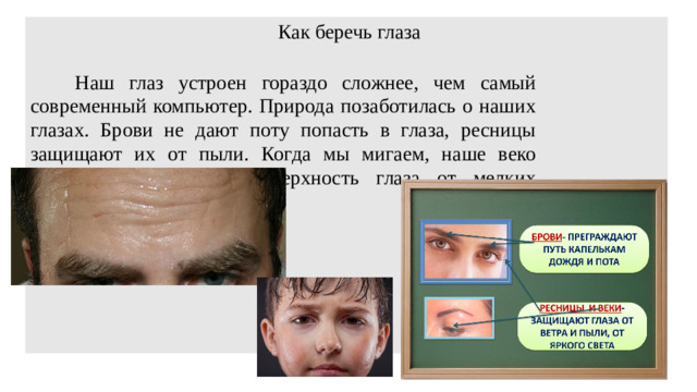 Как беречь глаза  Наш глаз устроен гораздо сложнее, чем самый современный компьютер. Природа позаботилась о наших глазах. Брови не дают поту попасть в глаза, ресницы защищают их от пыли. Когда мы мигаем, наше веко двигается и очищает поверхность глаза от мелких пылинок.  
