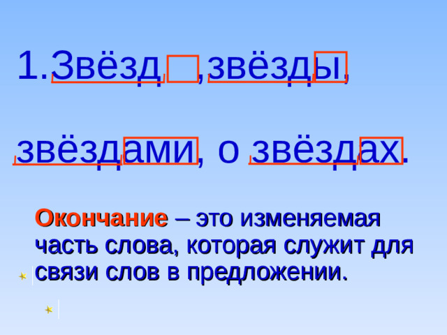 1.Звёзд ,звёзды,  звёздами, о звёздах.   Окончание  – это изменяемая часть слова, которая служит для связи слов в предложении.