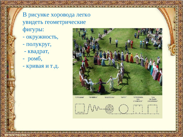 В рисунке хоровода легко увидеть геометрические фигуры: - окружность, - полукруг,  - квадрат, - ромб, - кривая и т.д.