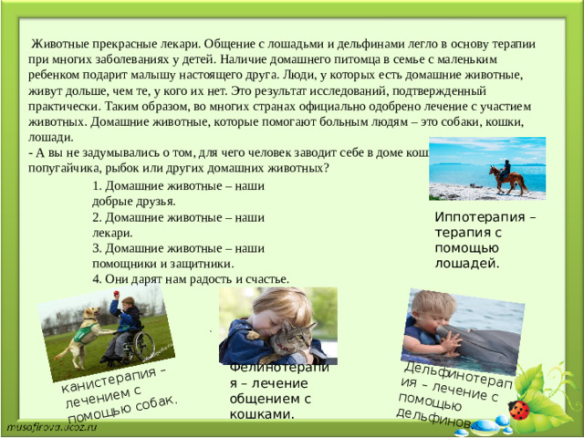 .   канистерапия – лечением с помощью собак. Дельфинотерапия – лечение с помощью дельфинов.  Животные прекрасные лекари. Общение с лошадьми и дельфинами легло в основу терапии при многих заболеваниях у детей. Наличие домашнего питомца в семье с маленьким ребенком подарит малышу настоящего друга. Люди, у которых есть домашние животные, живут дольше, чем те, у кого их нет. Это результат исследований, подтвержденный практически. Таким образом, во многих странах официально одобрено лечение с участием животных. Домашние животные, которые помогают больным людям – это собаки, кошки, лошади.  - А вы не задумывались о том, для чего человек заводит себе в доме кошку, собаку, попугайчика, рыбок или других домашних животных? 1. Домашние животные – наши добрые друзья.  2. Домашние животные – наши лекари.  3. Домашние животные – наши помощники и защитники.  4. Они дарят нам радость и счастье. Иппотерапия – терапия с помощью лошадей. . Фелинотерапия – лечение общением с кошками.