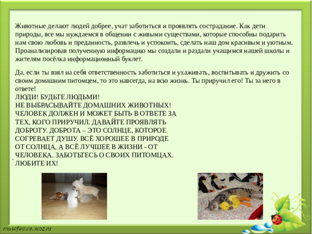Животные делают людей добрее, учат заботиться и проявлять сострадание. Как дети природы, все мы нуждаемся в общении с живыми существами, которые способны подарить нам свою любовь и преданность, развлечь и успокоить, сделать наш дом красивым и уютным. Проанализировав полученную информацию мы создали и раздали учащимся нашей школы и жителям посёлка информационный буклет. Да, если ты взял на себя ответственность заботиться и ухаживать, воспитывать и дружить со своим домашним питомцем, то это навсегда, на всю жизнь. Ты приручил его! Ты за него в ответе! ЛЮДИ! БУДЬТЕ ЛЮДЬМИ! НЕ ВЫБРАСЫВАЙТЕ ДОМАШНИХ ЖИВОТНЫХ! ЧЕЛОВЕК ДОЛЖЕН И МОЖЕТ БЫТЬ В ОТВЕТЕ ЗА ТЕХ, КОГО ПРИРУЧИЛ. ДАВАЙТЕ ПРОЯВЛЯТЬ ДОБРОТУ. ДОБРОТА – ЭТО СОЛНЦЕ, КОТОРОЕ СОГРЕВАЕТ ДУШУ. ВСЁ ХОРОШЕЕ В ПРИРОДЕ ОТ СОЛНЦА, А ВСЁ ЛУЧШЕЕ В ЖИЗНИ - ОТ ЧЕЛОВЕКА. ЗАБОТЬТЕСЬ О СВОИХ ПИТОМЦАХ. ЛЮБИТЕ ИХ!         .