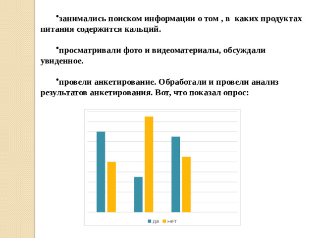 занимались поиском информации о том , в каких продуктах питания содержится кальций.  просматривали фото и видеоматериалы, обсуждали увиденное.  провели анкетирование. Обработали и провели анализ результатов анкетирования. Вот, что показал опрос: