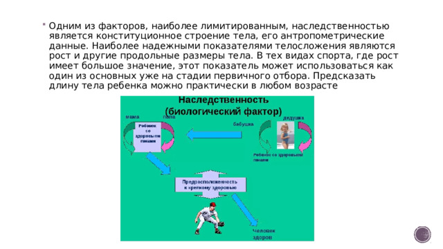 Одним из факторов, наиболее лимитированным, наследственностью является конституционное строение тела, его антропометрические данные. Наиболее надежными показателями телосложения являются рост и другие продольные размеры тела. В тех видах спорта, где рост имеет большое значение, этот показатель может использоваться как один из основных уже на стадии первичного отбора. Предсказать длину тела ребенка можно практически в любом возрасте