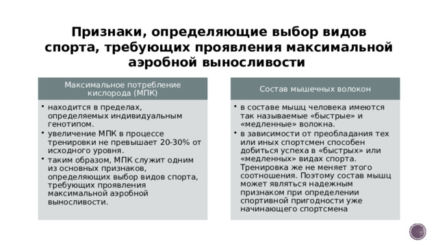 Признаки, определяющие выбор видов спорта, требующих проявления максимальной аэробной выносливости Максимальное потребление кислорода (МПК) Состав мышечных волокон