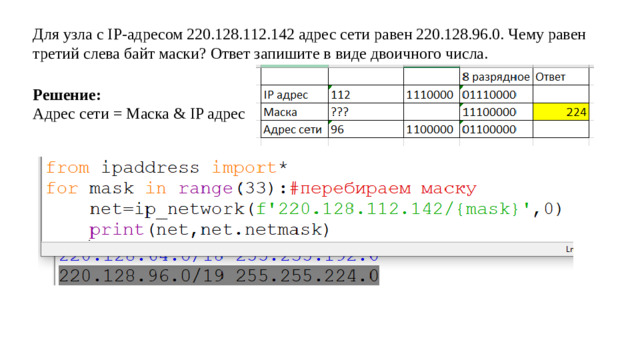 Для узла с IP-адресом 220.128.112.142 адрес сети равен 220.128.96.0. Чему равен третий слева байт маски? Ответ запишите в виде двоичного числа. Решение: Адрес сети = Маска & IP адрес
