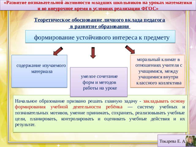 «Развитие познавательной активности младших школьников на уроках математики и во внеурочное время в условиях реализации ФГОС»  Теоретическое обоснование личного вклада педагога  в развитие образования формирование устойчивого интереса к предмету моральный климат в отношениях учителя с учащимися, между учащимися внутри классного коллектива содержание изучаемого материала умелое  сочетание  форм  и  методов  работы  на у роке Начальное образование призвано решать главную задачу - закладывать основу формирования учебной деятельности ребёнка — систему учебных и познавательных мотивов, умение принимать, сохранять, реализовывать учебные цели, планировать, контролировать и оценивать учебные действия и их результат. Токарева Е. А.