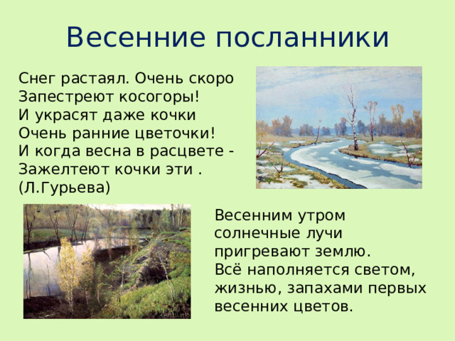 Весенние посланники Снег растаял. Очень скоро Запестреют косогоры! И украсят даже кочки Очень ранние цветочки! И когда весна в расцвете - Зажелтеют кочки эти . (Л.Гурьева) Весенним утром солнечные лучи пригревают землю. Всё наполняется светом, жизнью, запахами первых весенних цветов.