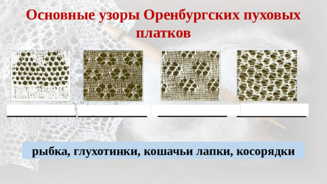 Основные узоры Оренбургских пуховых платков рыбка косорядки кошачьи лапки глухотинки рыбка, глухотинки, кошачьи лапки, косорядки