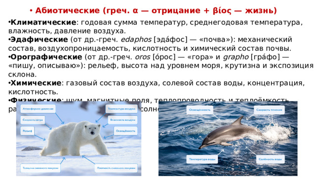 Абиотические (греч. α — отрицание + βίος — жизнь) Климатические : годовая сумма температур, среднегодовая температура, влажность, давление воздуха. Эдафические  (от др.-греч.  edaphos  [эда́фос] — «почва»): механический состав, воздухопроницаемость, кислотность и химический состав почвы. Орографические  (от др.-греч.  оros  [óрос] — «гора» и  grapho  [гра́фо] — «пишу, описываю»): рельеф, высота над уровнем моря, крутизна и экспозиция склона. Химические : газовый состав воздуха, солевой состав воды, концентрация, кислотность. Физические : шум, магнитные поля, теплопроводность и теплоёмкость, радиоактивность, интенсивность солнечного излучения.
