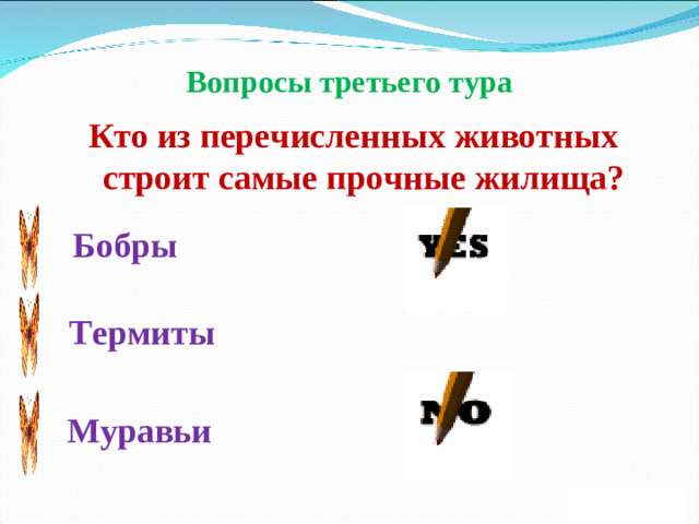 Вопросы третьего тура Кто из перечисленных животных строит самые прочные жилища? Бобры Термиты Муравьи