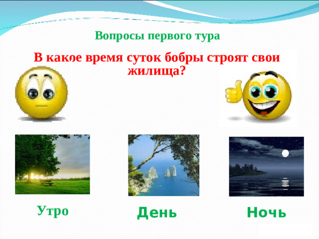 Вопросы первого тура    В какое время суток бобры строят свои жилища? Утро День Ночь