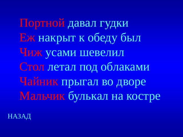 Портной давал гудки Еж накрыт к обеду был Чиж усами шевелил Стол летал под облаками Чайник прыгал во дворе Мальчик булькал на костре НАЗАД