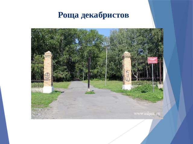 Роща декабристов Роща Декабристов — это один из немногих памятников природы регионального значения, располагающихся почти что в центре города. Свое название роща получила благодаря декабристам, которые любили совершать в ней прогулки. Сейчас роща Декабристов — любимое место для людей, ведущи активный образ жизни. Зимой здесь располагается самая лучшая лыжня в городе, а летом роща привлекает любителей совершать пробежки и велосипедные прогулки. 