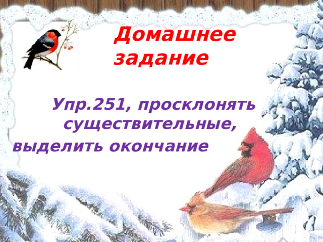Домашнее задание         Упр.251, просклонять существительные,  выделить окончание