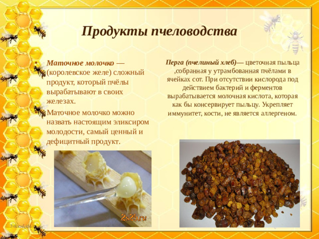 Продукты пчеловодства Маточное молочко — (королевское желе) сложный продукт, который пчёлы вырабатывают в своих железах. Маточное молочко можно назвать настоящим эликсиром молодости, самый ценный и дефицитный продукт . Перга (пчелиный хлеб)— цветочная пыльца ,собранная у утрамбованная пчёлами в ячейках сот. При отсутствии кислорода под действием бактерий и ферментов вырабатывается молочная кислота, которая как бы консервирует пыльцу. Укрепляет иммунитет, кости, не является аллергеном.