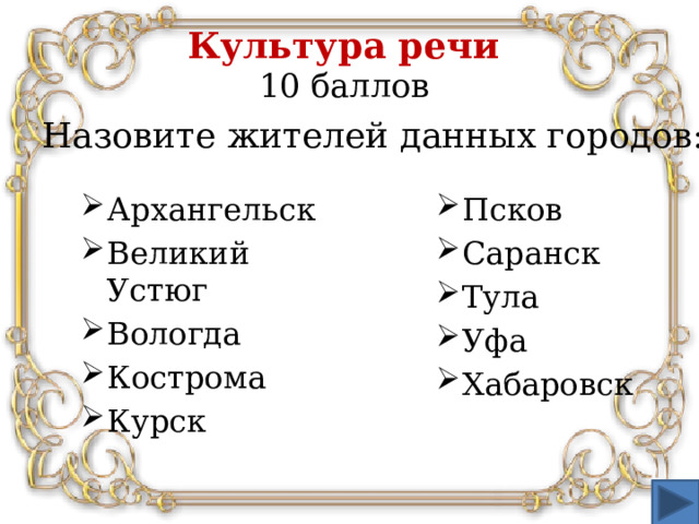 Культура речи  10 баллов Назовите жителей данных городов: