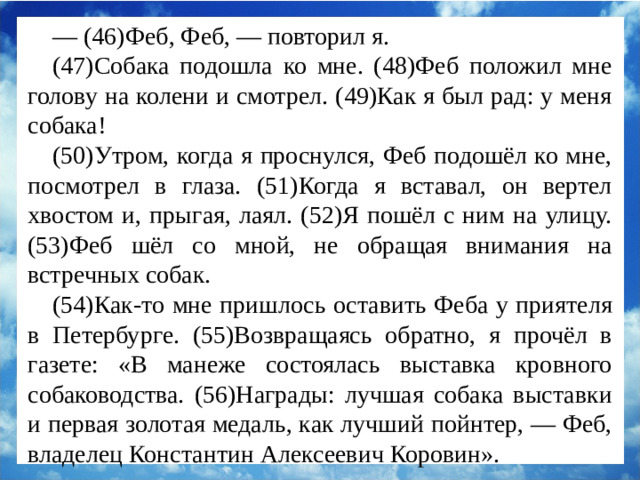 — (46)Феб, Феб, — повторил я. (47)Собака подошла ко мне. (48)Феб положил мне голову на колени и смотрел. (49)Как я был рад: у меня собака! (50)Утром, когда я проснулся, Феб подошёл ко мне, посмотрел в глаза. (51)Когда я вставал, он вертел хвостом и, прыгая, лаял. (52)Я пошёл с ним на улицу. (53)Феб шёл со мной, не обращая внимания на встречных собак. (54)Как-то мне пришлось оставить Феба у приятеля в Петербурге. (55)Возвращаясь обратно, я прочёл в газете: «В манеже состоялась выставка кровного собаководства. (56)Награды: лучшая собака выставки и первая золотая медаль, как лучший пойнтер, — Феб, владелец Константин Алексеевич Коровин».