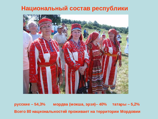 Национальный состав республики  русские – 54,3% мордва ( мокша, эрзя)– 40% татары – 5,2%  Всего 80 национальностей проживает на территории Мордовии
