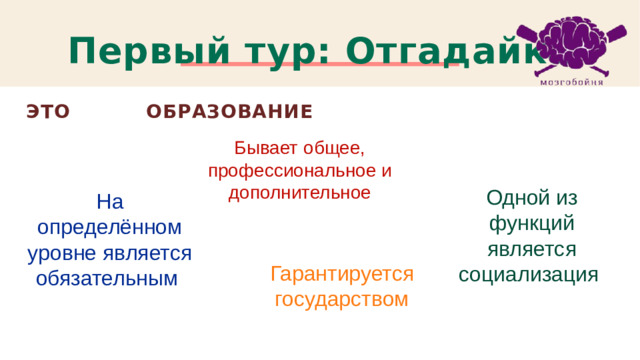 Первый тур: Отгадайка ЭТО    ОБРАЗОВАНИЕ Бывает общее, профессиональное и дополнительное Одной из функций является социализация На определённом уровне является обязательным Гарантируется государством 1