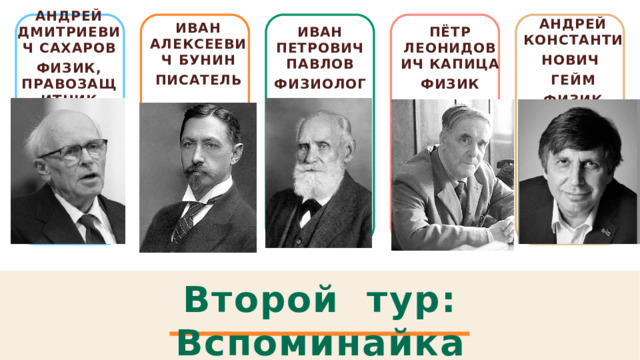Андрей Дмитриевич Сахаров ФИЗИК, ПРАВОЗАЩИТНИК Андрей Константи нович Гейм ФИЗИК Иван Алексеевич Бунин писатель Иван Петрович Павлов Пётр Леонидович Капица физик фиЗИОЛОГ Второй тур: Вспоминайка 1