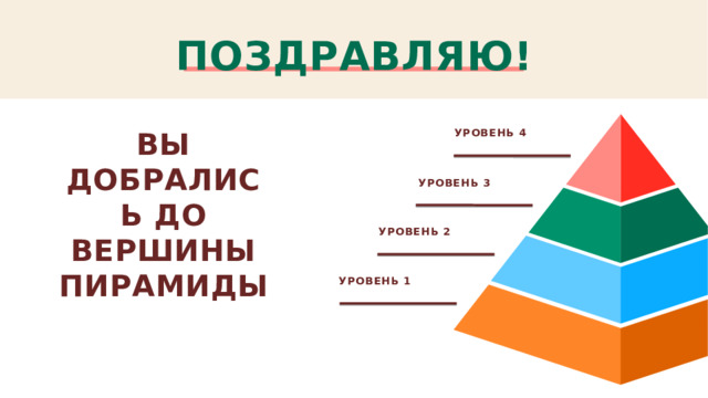 ПОЗДРАВЛЯЮ! уровень 4 Вы добрались до вершины пирамиды уровень 3 уровень 2 уровень 1