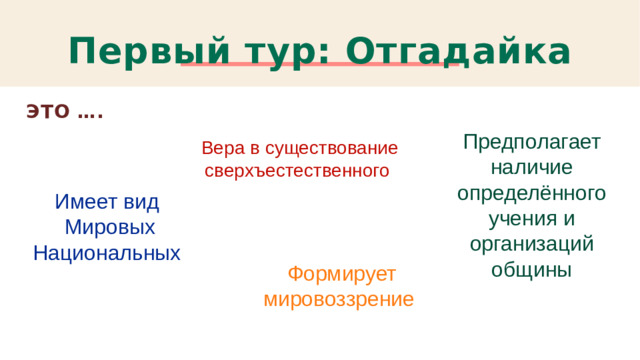Первый тур: Отгадайка ЭТО …. Предполагает наличие определённого учения и организаций общины Вера в существование сверхъестественного Имеет вид Мировых Национальных Формирует мировоззрение 1