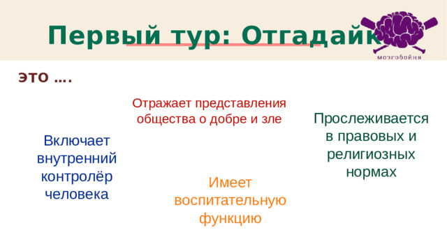 Первый тур: Отгадайка ЭТО …. Отражает представления общества о добре и зле Прослеживается в правовых и религиозных нормах Включает внутренний контролёр человека Имеет воспитательную функцию 1