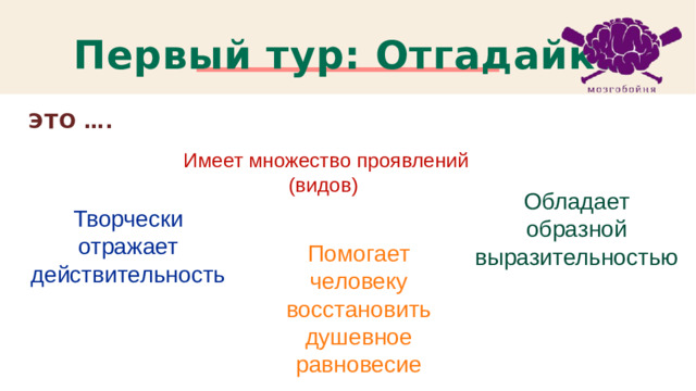 Первый тур: Отгадайка ЭТО …. Имеет множество проявлений (видов) Обладает образной выразительностью Творчески отражает действительность Помогает человеку восстановить душевное равновесие 1
