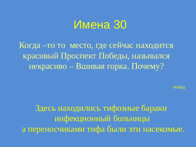Имена 30 Когда –то то место, где сейчас находится красивый Проспект Победы, назывался некрасиво – Вшивая горка. Почему? назад Здесь находились тифозные бараки инфекционный больницы  а переносчиками тифа были эти насекомые.