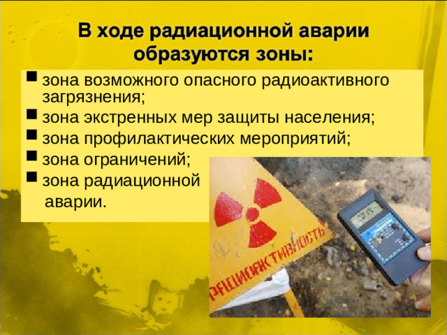 зона возможного опасного радиоактивного загрязнения; зона экстренных мер защиты населения; зона профилактических мероприятий; зона ограничений; зона радиационной